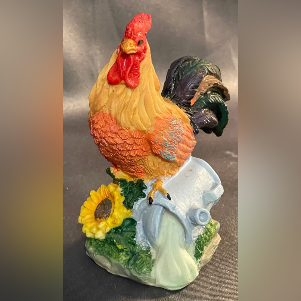 Resin Rooster Decor, 4” high, cream black & red with sunflowers & watering